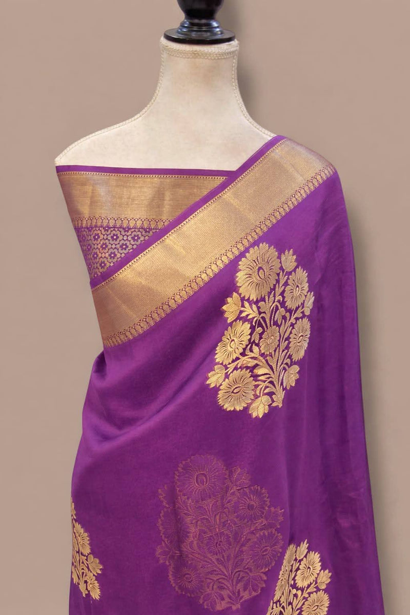 Classic Pastel Violet Kanchipuram Silk Saree with Bold Floral Bouquet Zari Motifs