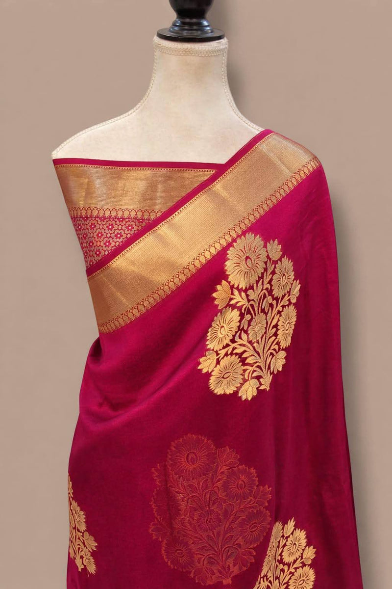Classic Magenta Pink Kanchipuram Silk Saree with Bold Floral Bouquet Zari Motifs