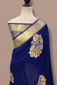 Classic Royal Blue Kanchipuram Silk Saree with Bold Floral Bouquet Zari Motifs