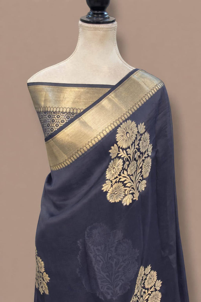 Charcoal Blue Kanchipuram Silk Saree with Antique Gold Zari Floral Art