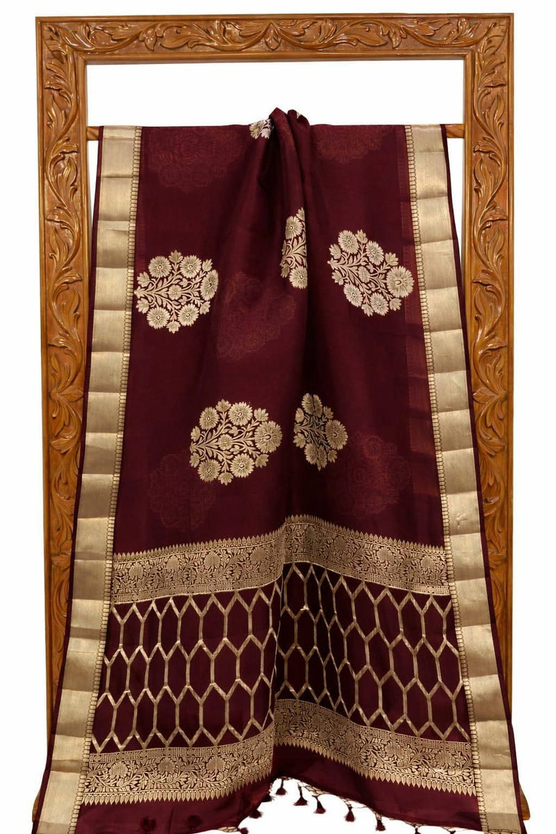 Premium Deep Wine Kanchipuram Silk Saree with Antique Gold Zari Floral Buta