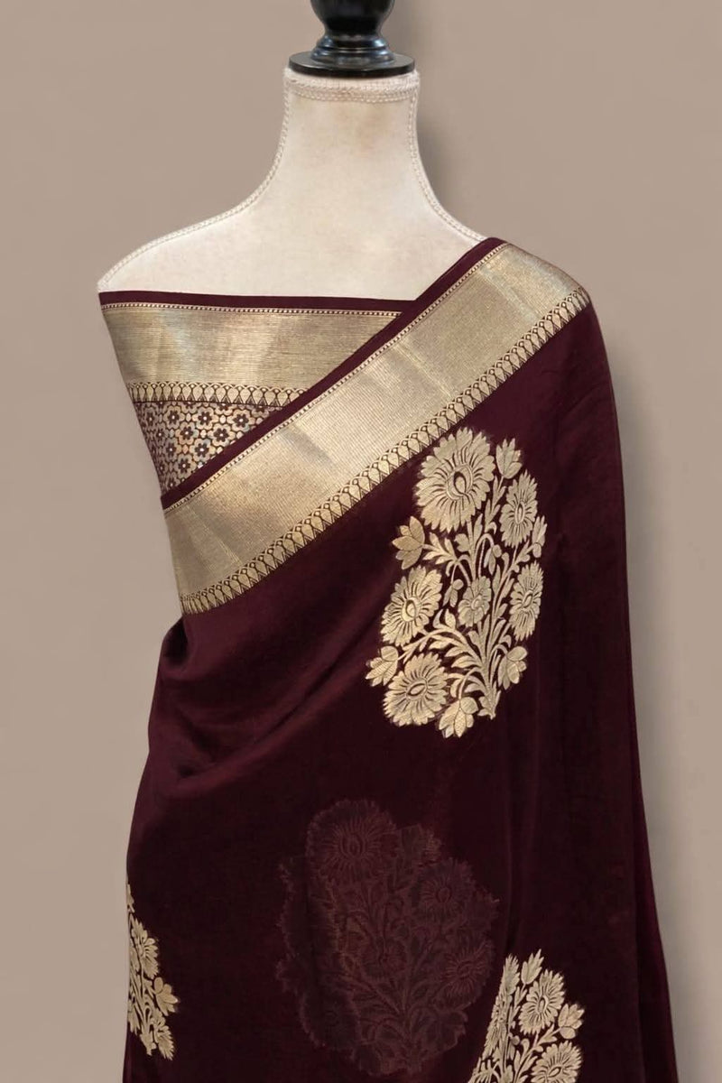 Premium Deep Wine Kanchipuram Silk Saree with Antique Gold Zari Floral Buta
