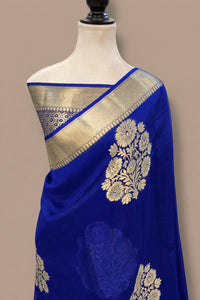 Royal Blue Kanchipuram Silk Saree with Antique Gold Zari Floral Buta