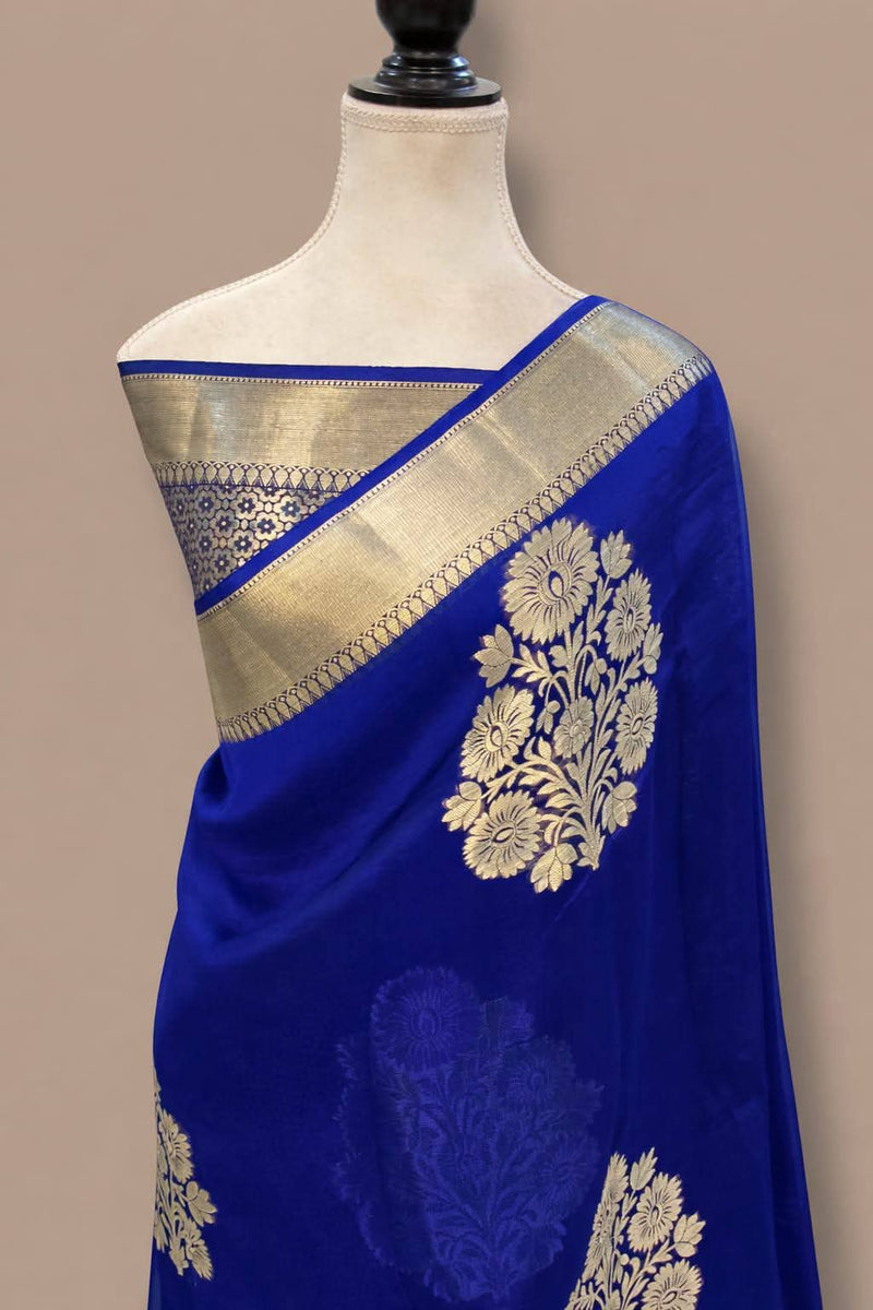 Royal Blue Kanchipuram Silk Saree with Antique Gold Zari Floral Buta