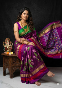 Deep Violet and Emerald Green Pochampally Dola Silk Saree with Lotus Pallu