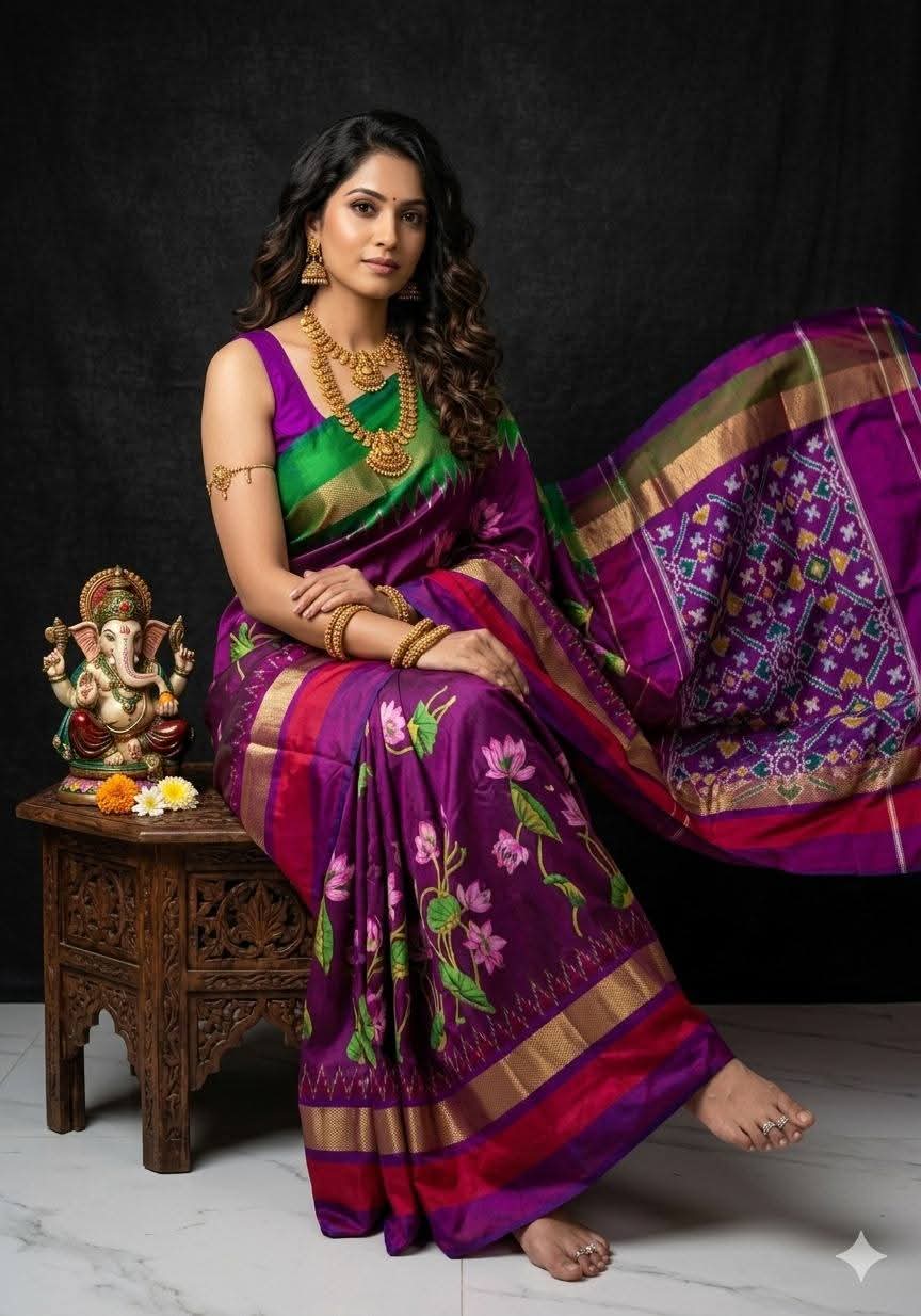 Deep Violet and Emerald Green Pochampally Dola Silk Saree with Lotus Pallu