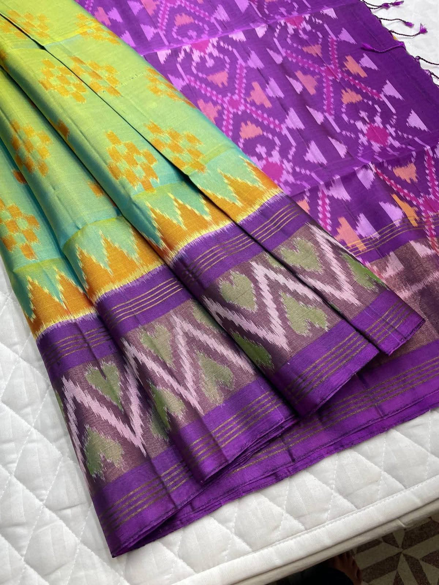 Pastel Sea Green and Purple Pochampally Dola Silk Saree with Ikat Chevron