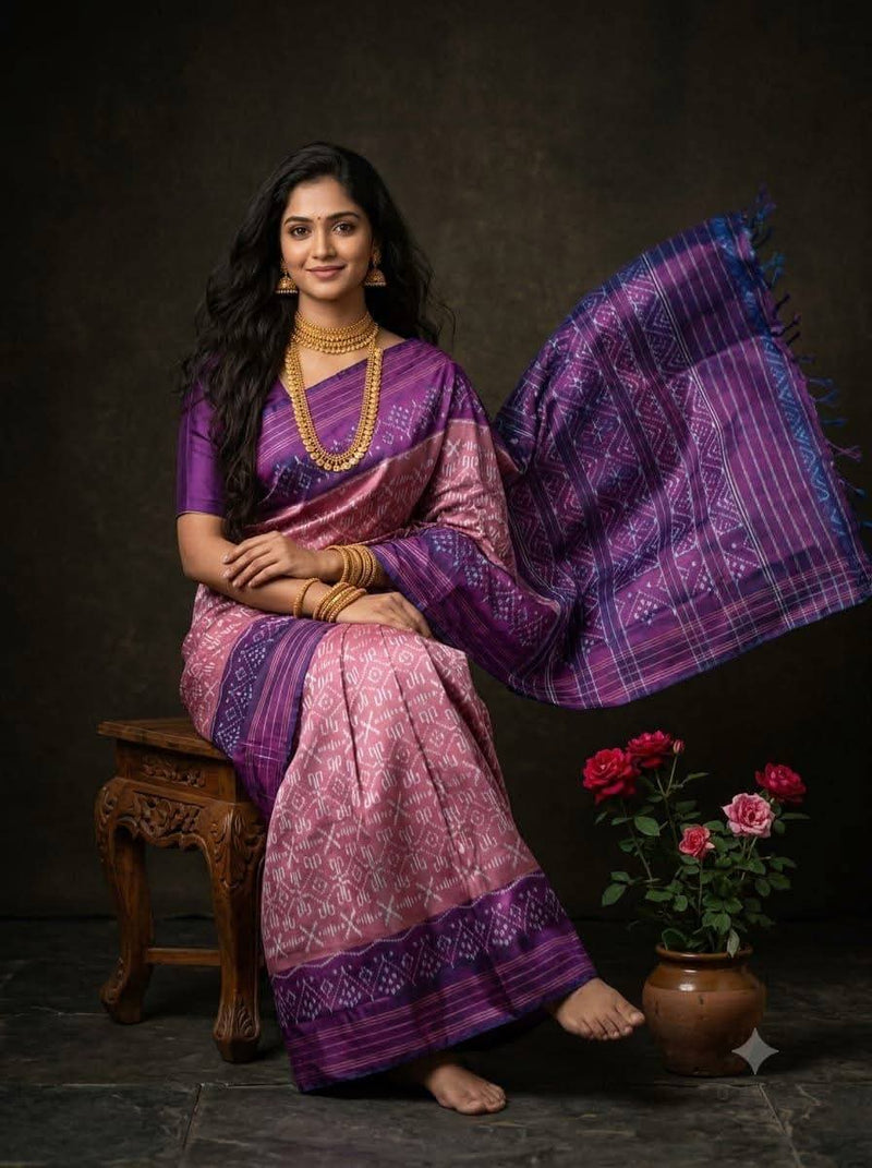 Mauve and Purple Pochampally Dola Silk Saree with Ikat Geometric Motifs