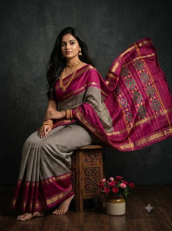Magenta & Grey Pochampally Dola Silk Saree with Checkered Border