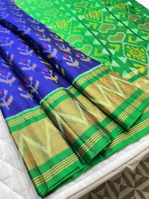 Royal Blue & Green Pochampally Dola Silk Saree with Zari Border