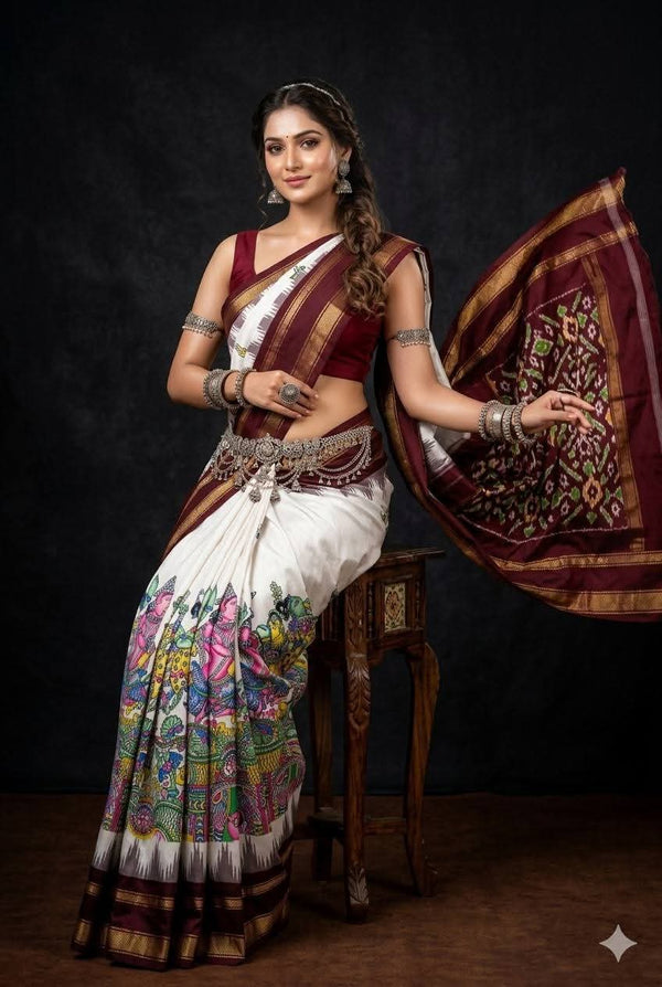 Artistic White & Maroon Pochampally Dola Silk Saree