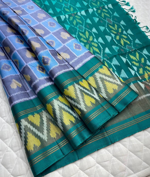 Vibrant Teal & Blue Pochampally Dola Silk Saree with Ikat Check