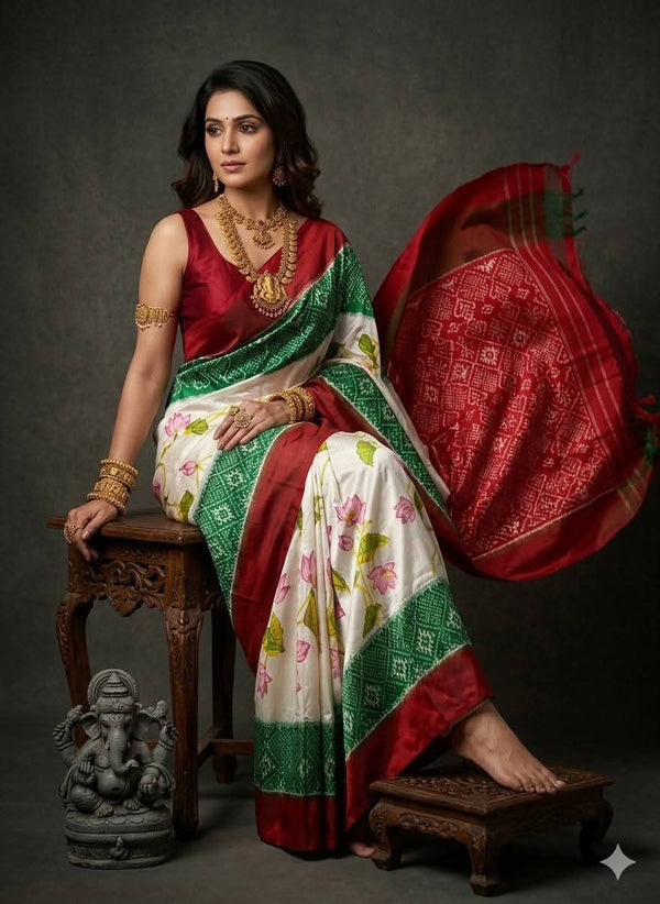 Classic Cream & Green Pochampally Dola Silk Saree with Lotus Print