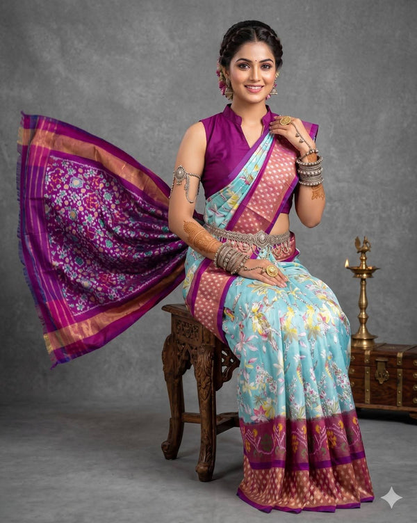 Floral Cyan Blue & Purple Pochampally Dola Silk Saree