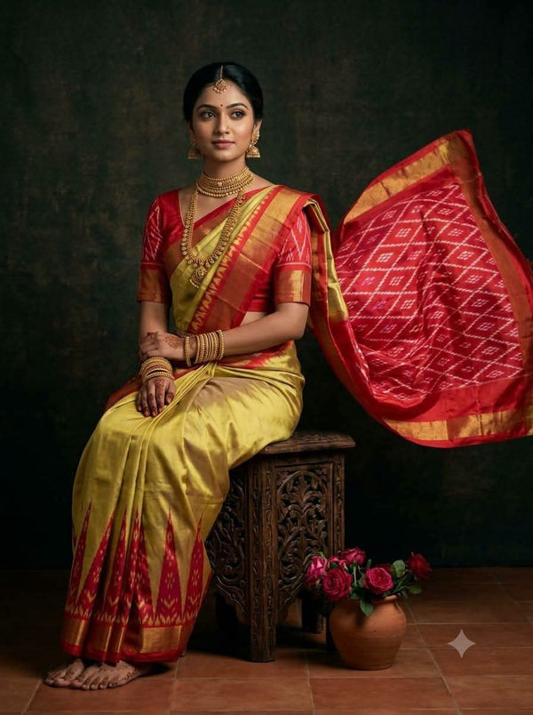 Mustard Gold & Red Pochampally Dola Silk Saree with Ikat Weave