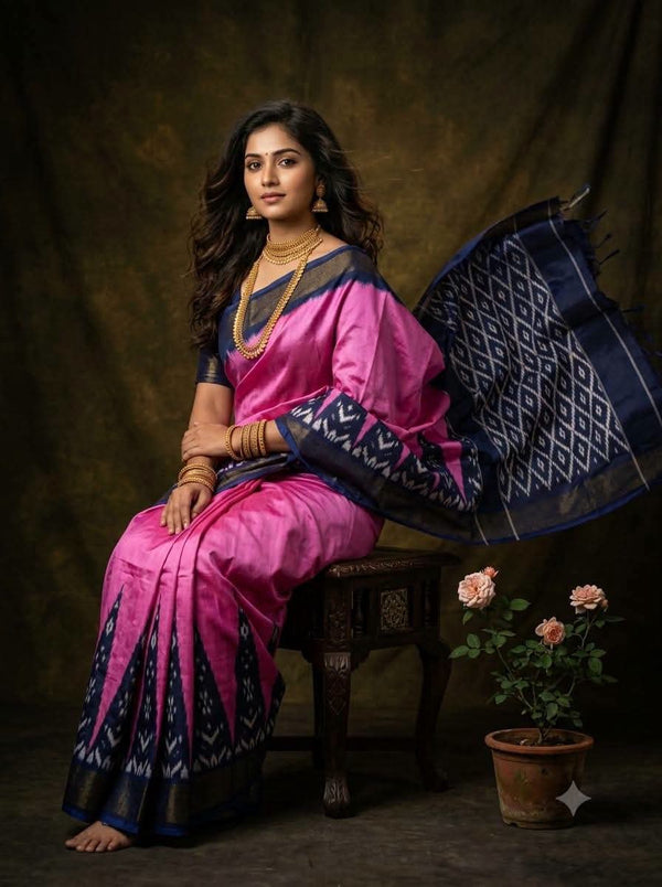 Radiant Pink & Navy Blue Pochampally Dola Silk Saree with Ikat Pallu