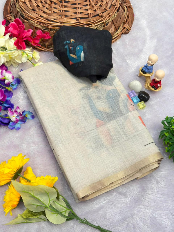 Linen Cotton Saree with Gold Jari Border