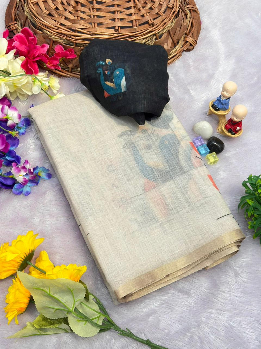 Linen Cotton Saree with Gold Jari Border
